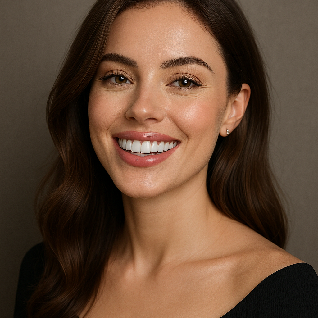 Elegant portrait highlighting a radiant porcelain veneer smile