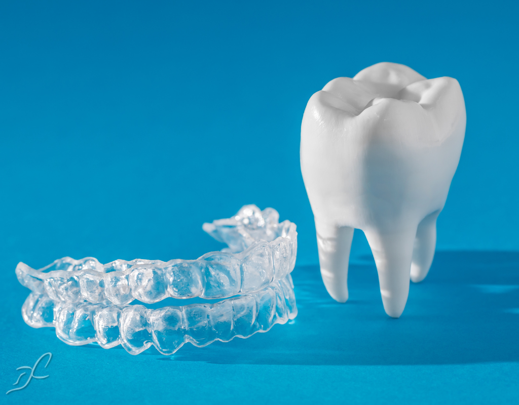 Clear aligners and a clean white tooth with Contemporary Dental Concepts logo