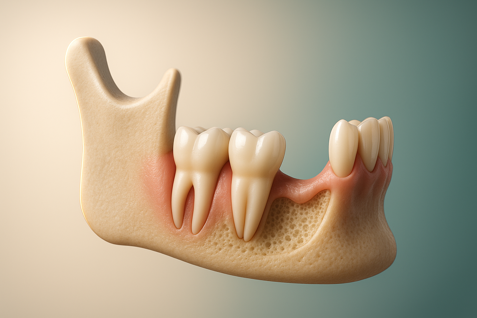 Side-by-side jaw illustration showing healthy teeth and an area of bone loss from a missing tooth