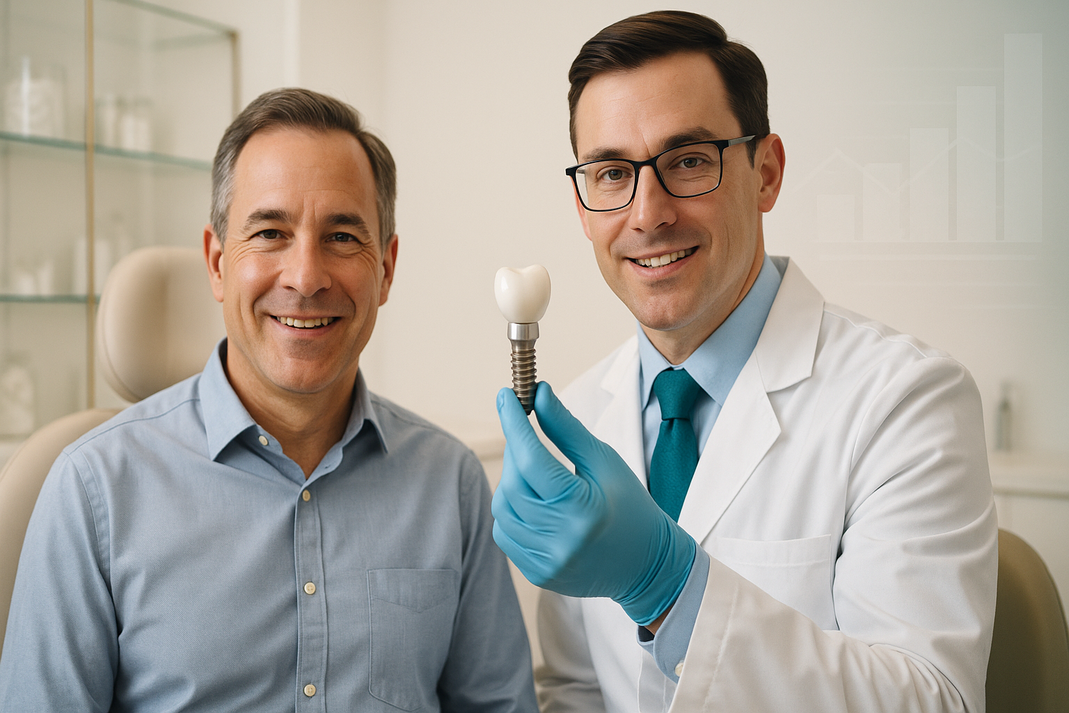 A dentist presents a realistic 3D dental implant model (implant + abutment + crown) toward camera