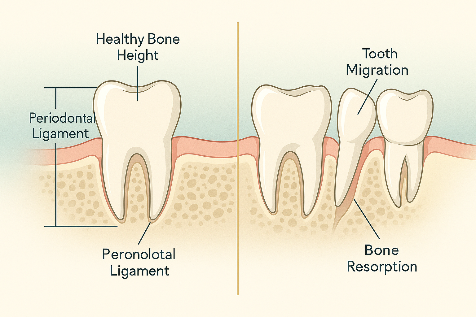 Cross-section illustration comparing healthy jawbone to bone loss after a missing tooth