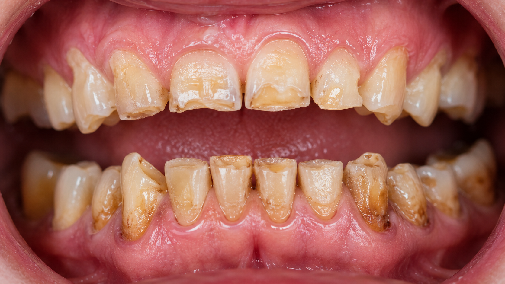 Extreme close-up of severe multi-tooth wear, enamel acid erosion, and advanced structural breakdown across the entire bite at Contemporary Dental Concepts in Tempe, AZ