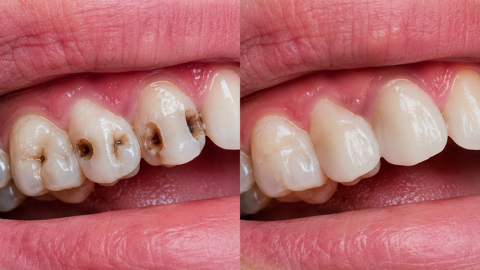Side-by-side comparison of a dark tooth cavity decay on the left vs a seamless, invisible composite tooth-colored filling on the right at Contemporary Dental Concepts in Tempe, AZ.