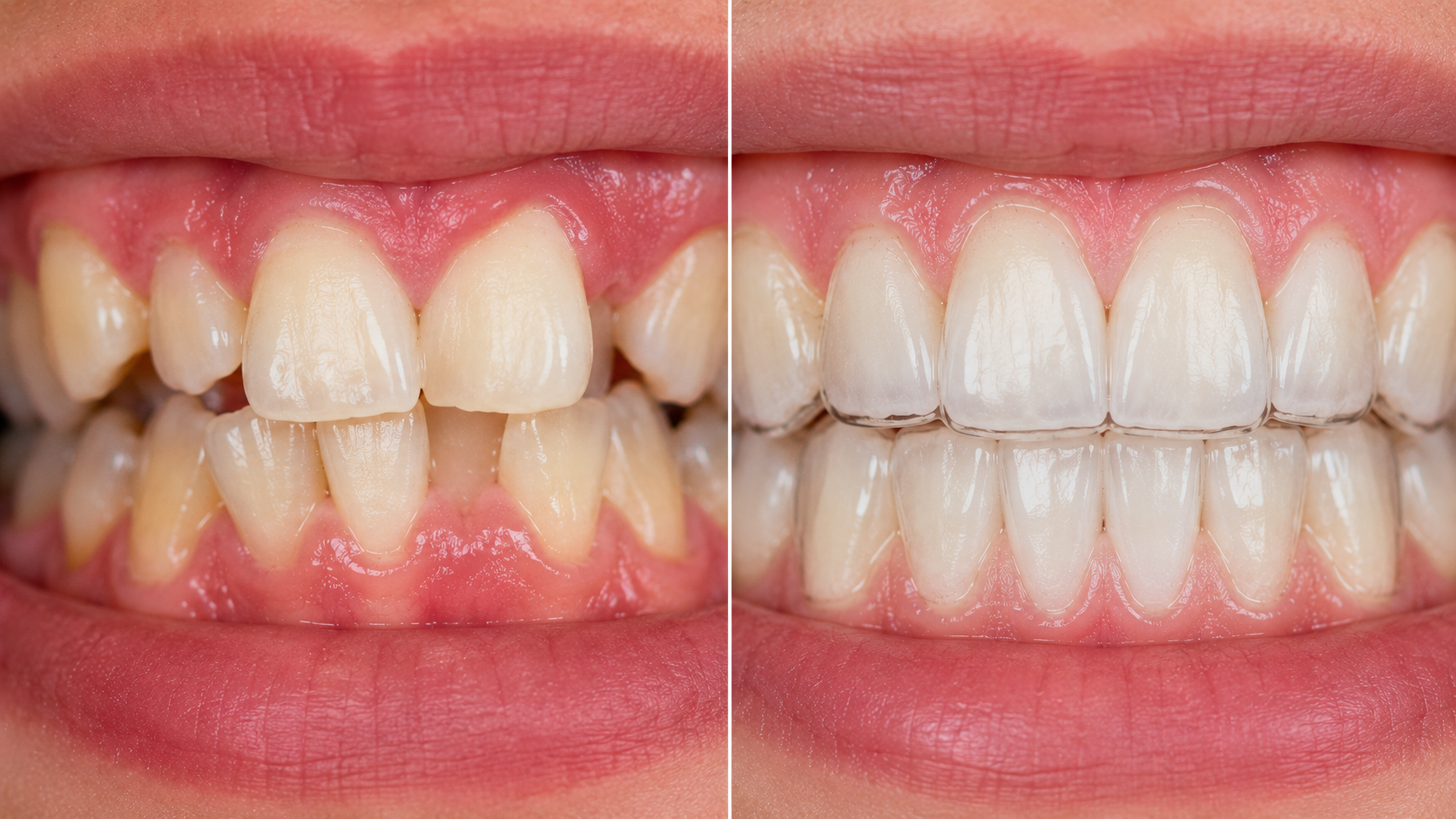 Before and after split-screen macro view comparing crowded, misaligned teeth on the left versus perfectly straight teeth wearing a transparent SureSmile clear aligner tray on the right, from Contemporary Dental Concepts in Tempe, AZ.