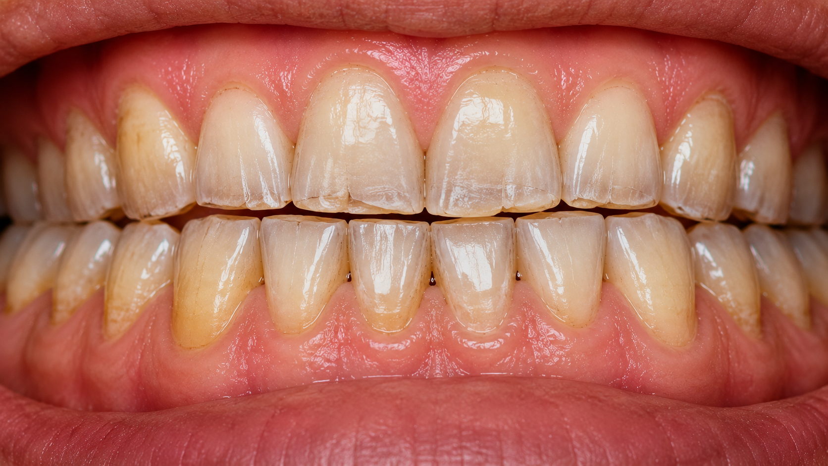 Macro photograph highlighting severe tooth wear, flattened incisal edges, and enamel chipping caused by jaw grinding and TMJ friction at Contemporary Dental Concepts in Tempe, AZ.