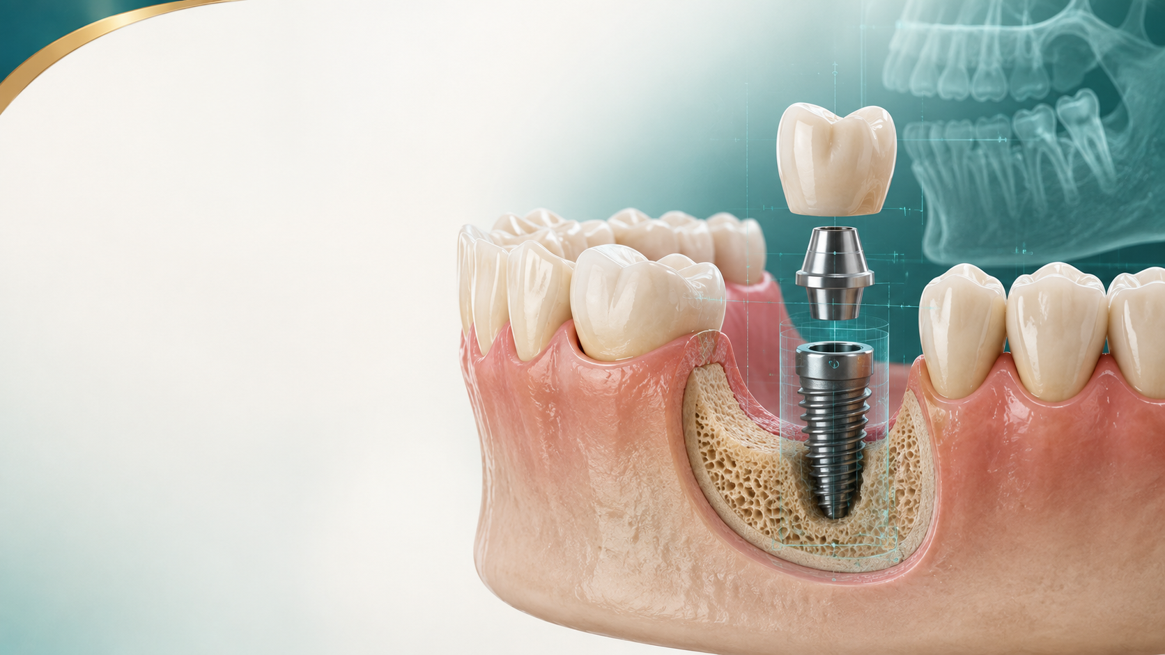 Dental implant planning illustration showing reduced jawbone at a missing tooth site.