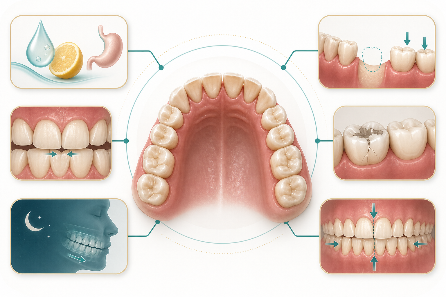 Dental illustration showing common contributors to progressive tooth wear